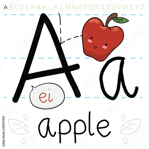 Cute Apple Falling on Letter A of Alphabet, Vector Illustration