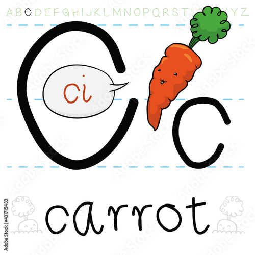 Funny Carrot Teaching the Pronunciation of the Letter C, Vector Illustration
