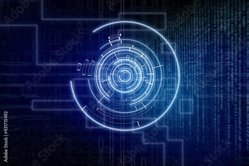 Blue digital futuristic circle on dark blue background. Technology wallpapr with html code.