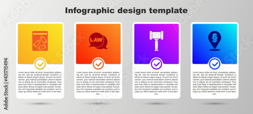 Set Evidence bag and bullet, Law, Judge gavel and Location law. Business infographic template. Vector