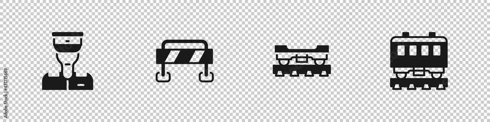 Set Train conductor, Road barrier, Cargo train wagon and Passenger cars icon. Vector Set Train conductor, Road barrier, Cargo train wagon and Passenger cars icon. Vector