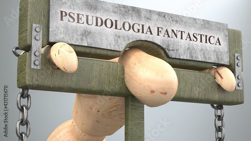 Pseudologia fantastica that affect and destroy human life - symbolized by a figure in pillory to show Pseudologia fantastica's effect and how bad, limiting and negative impact it has, 3d illustration photo