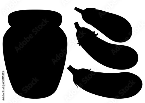 Canned eggplants in the set. Vector image.