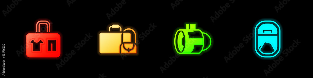 Set Suitcase, , Jet engine turbine and Airplane window icon. Vector Set Suitcase, , Jet engine turbine and Airplane window icon. Vector