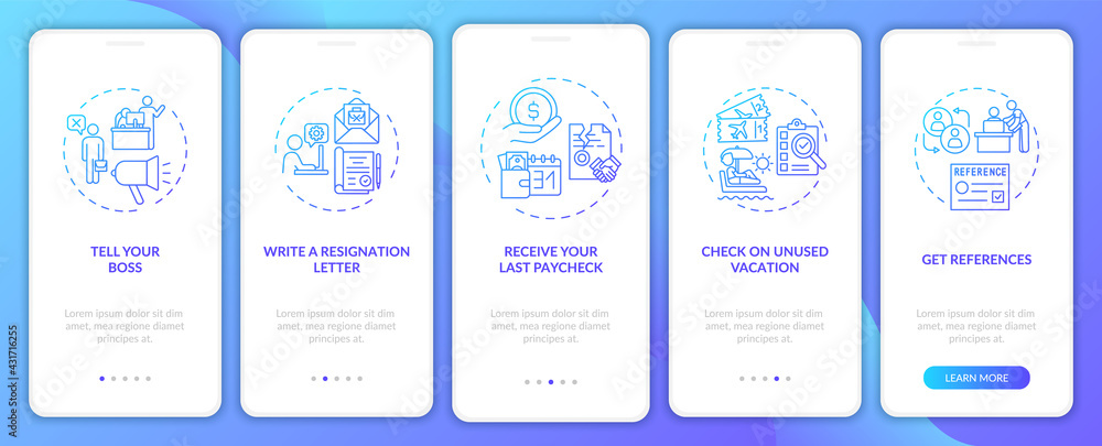 Resignation checklist onboarding mobile app page screen with concepts. Job leaving tips walkthrough 5 steps graphic instructions. UI, UX, GUI vector template with linear blue gradient illustrations