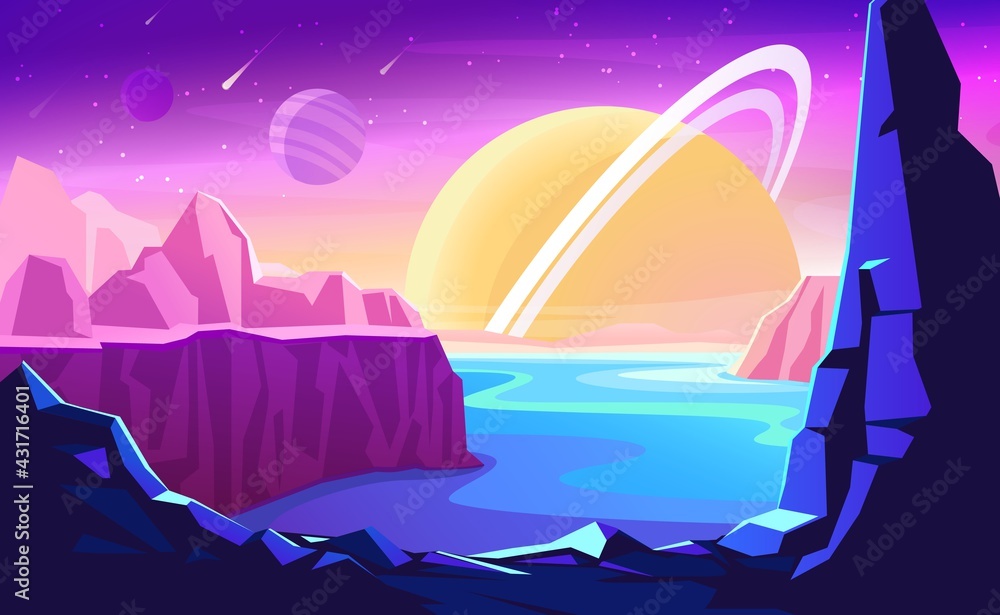 Alien planet landscape. Space colonization panorama. Vector fantasy illustration of cosmos and planet with cracked stone surface, mountains and ocean.