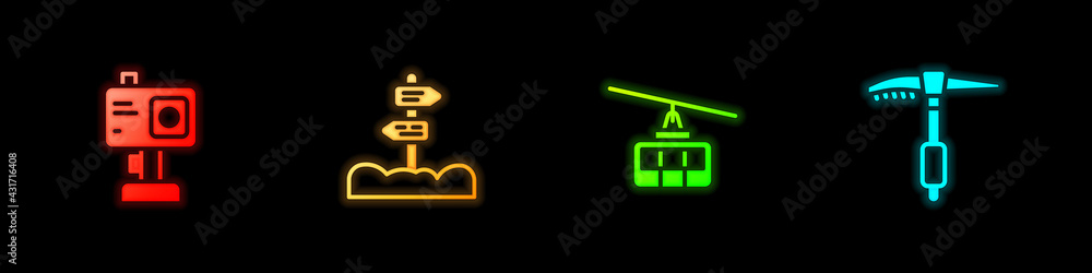 Set Action camera, Road traffic signpost, Cable car and Ice axe icon. Vector Set Action camera, Road traffic signpost, Cable car and Ice axe icon. Vector