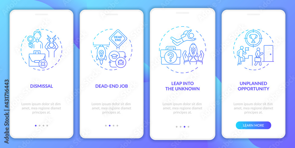 Job transition reasons onboarding mobile app page screen with concepts. Resignation causes walkthrough 4 steps graphic instructions. UI, UX, GUI vector template with linear blue gradient illustrations