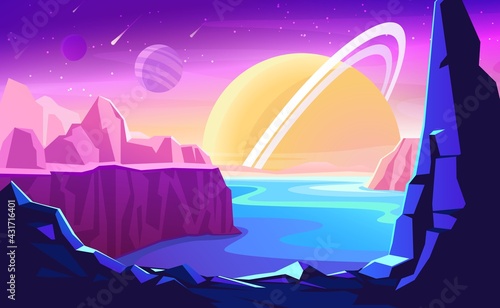 Alien planet landscape. Space colonization panorama. Vector fantasy illustration of cosmos and planet with cracked stone surface, mountains and ocean.