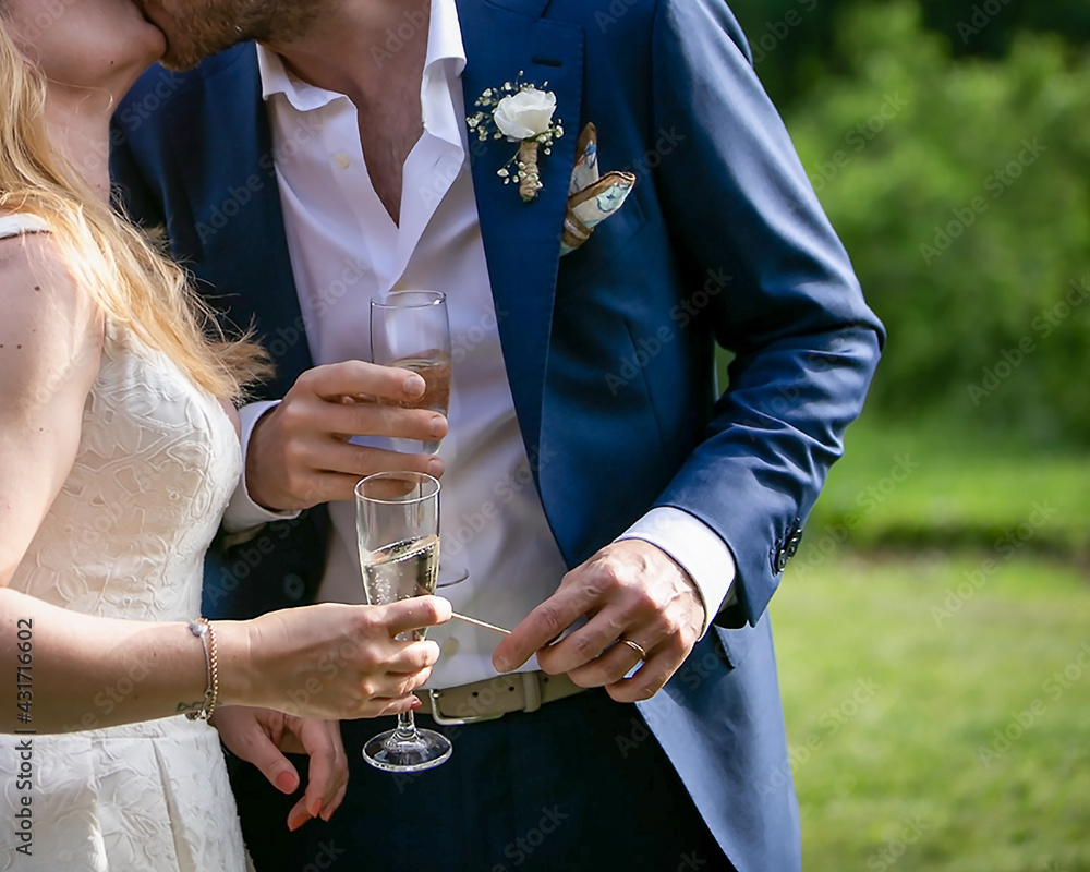 navy blue suit and champagne dress Photography Poster The groom in a wearing an elegant pocket handkerchief a white collar flower, and the bride in her white wedding celebrate their wedding with a it’s an ideal choice Tea-Length Wedding Dresses | Size:UK7 evening night out Dress