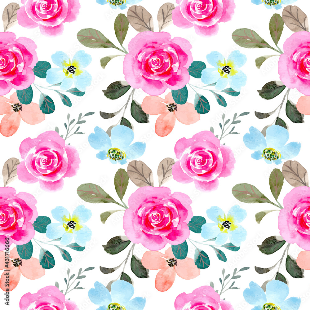 Pink blue flower watercolor seamless pattern