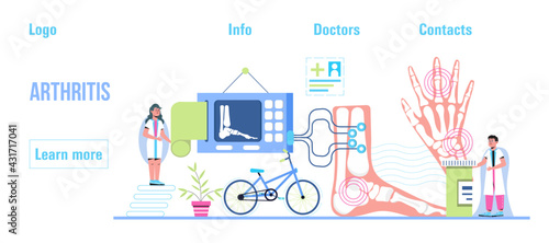 Rheumatoid arthritis. Tiny doctors treat rheumatism, osteoarthritis, make ultrasound, x ray. World arthritis day in October. Flat concept vector for landing page, banner