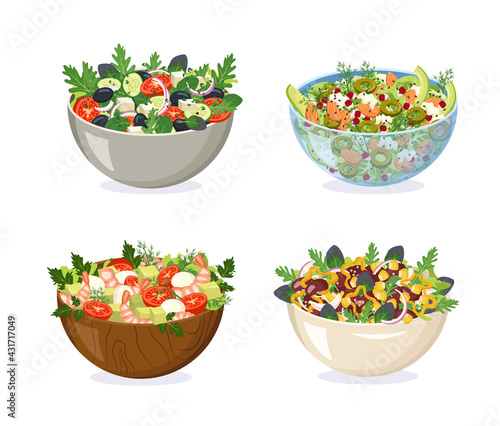 A set of bowls from different materials with homemade salad. Sliced vegetables, herbs and healthy ingredients in glass, wood, metal and ceramic dishes. Cooking delicious food at home