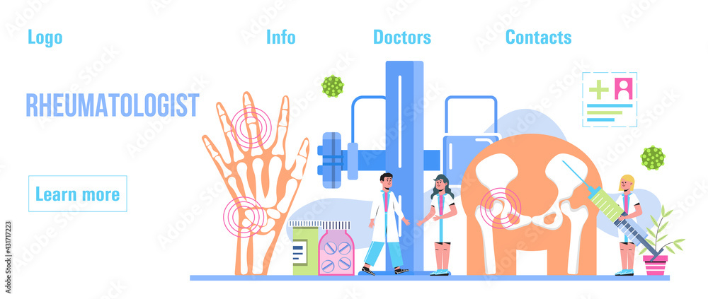 Fototapeta premium Rheumatoid arthritis. Tiny doctors treat rheumatism, osteoarthritis, make ultrasound, x ray. World arthritis day in October. Flat concept vector for landing page, banner