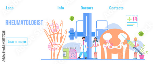 Rheumatoid arthritis. Tiny doctors treat rheumatism, osteoarthritis, make ultrasound, x ray. World arthritis day in October. Flat concept vector for landing page, banner