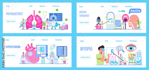 Pulmonologist, phthisiologist concept vector.Heart attack, cardiac infarction, cardiogram, artery, heart. Speech therapist, defectology for online. Medical ophthalmologist eyesight check up