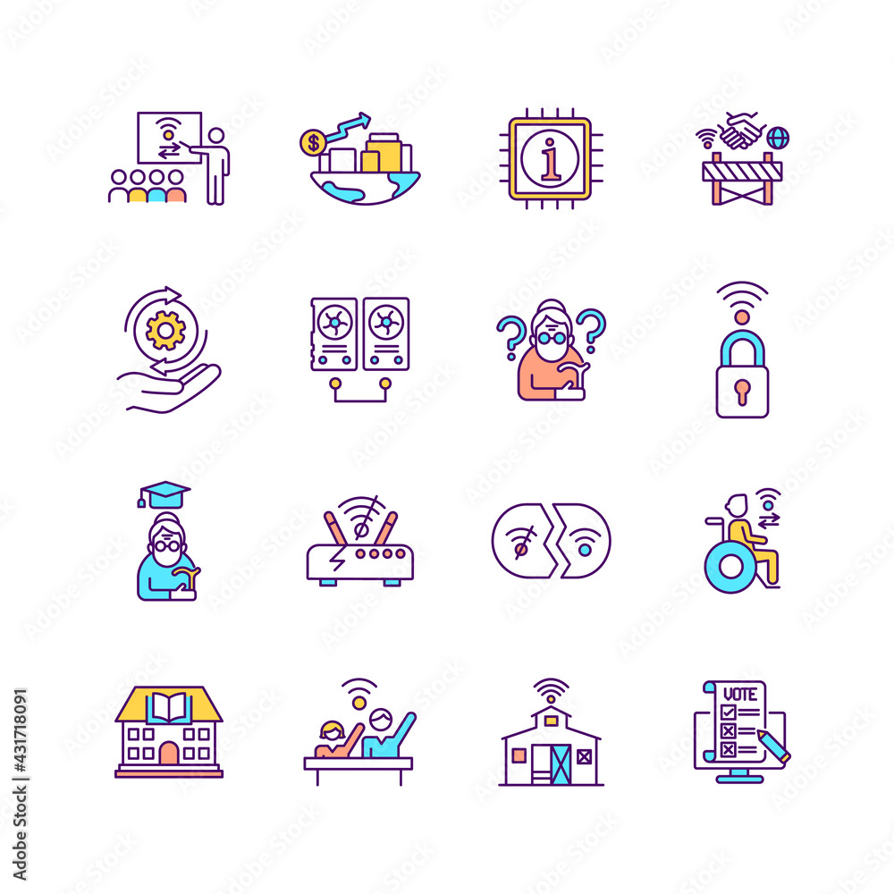 Digital inclusion RGB color icons set. Digitalization and innovation benefit. Information and communication technology. Online connection to social services. Isolated vector illustrations