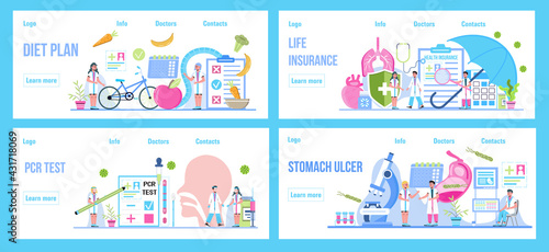 Diet plan, life insurance, pcr test, stomach ucler concept vector set for medical website, landing pages. Life, healthcare insurance vector concept, doctor fill health online form photo