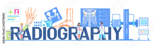 Radiography and x-ray concept vector for header, landing page. Trauma, pain, osteoporosis illustration. Fluorography woman.