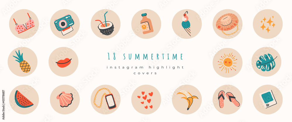 Summer instagram highlight covers on beige. Summertime colorful icons set  for blogger and influencer social media, stories, blog.Tropical vacation.  Collection of scrapbooking elements for beach party Stock-Vektorgrafik |  Adobe Stock