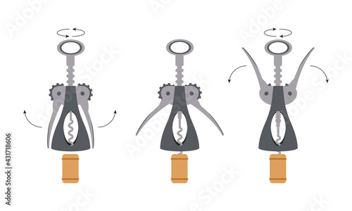 Vector flat corkscrew, for opening bottles of wine. Open the bottle and pull out the wine cork, how to use, uncork instructions. Set of cork screw in different positions with arrows and wine stopper