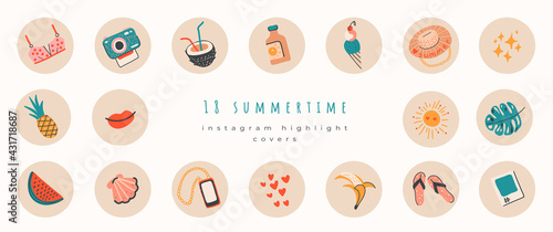 Summer instagram highlight covers on beige. Summertime colorful icons set for blogger and influencer social media, stories, blog.Tropical vacation. Collection of scrapbooking elements for beach party