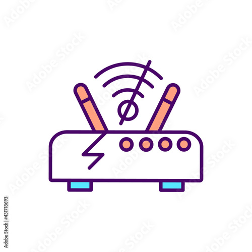Wi fi router with lost signal RGB color icon. Error in home internet connection. Digital exclusion. Damaged modem, broken hub. Technology for communication. Isolated vector illustration