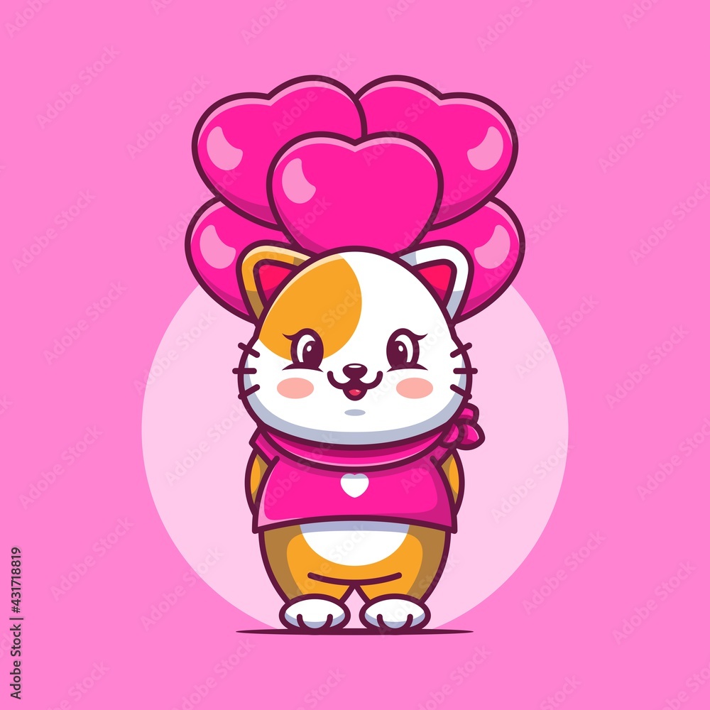 Fototapeta premium Cute cat with love balloon cartoon