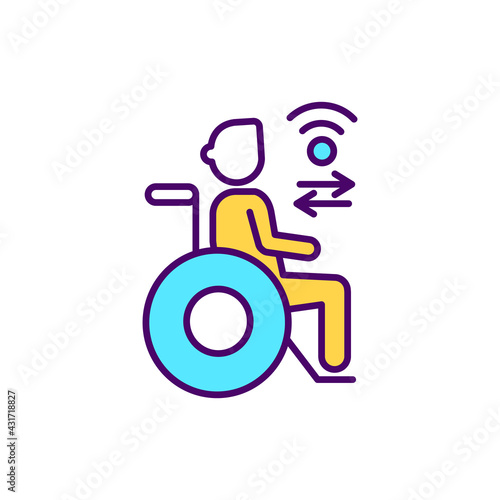 Digital inclusion for disabled people RGB color icon. Person in wheelchair. Remote control, impaired person support. Technology accessibility. Help with mobility. Isolated vector illustration