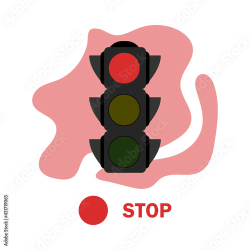 Traffic light illustration with red color. Simple stock vector illustration isolated on white background. Flat red traffic light with color spot and text STOP. Semaphore icon, element warning on road.