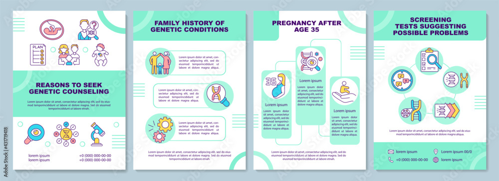 Reasons to seek genetic counseling brochure template. Medical test. Flyer, booklet, leaflet print, cover design with linear icons. Vector layouts for presentation, annual reports, advertisement pages