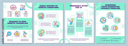 Reasons to seek genetic counseling brochure template. Medical test. Flyer, booklet, leaflet print, cover design with linear icons. Vector layouts for presentation, annual reports, advertisement pages