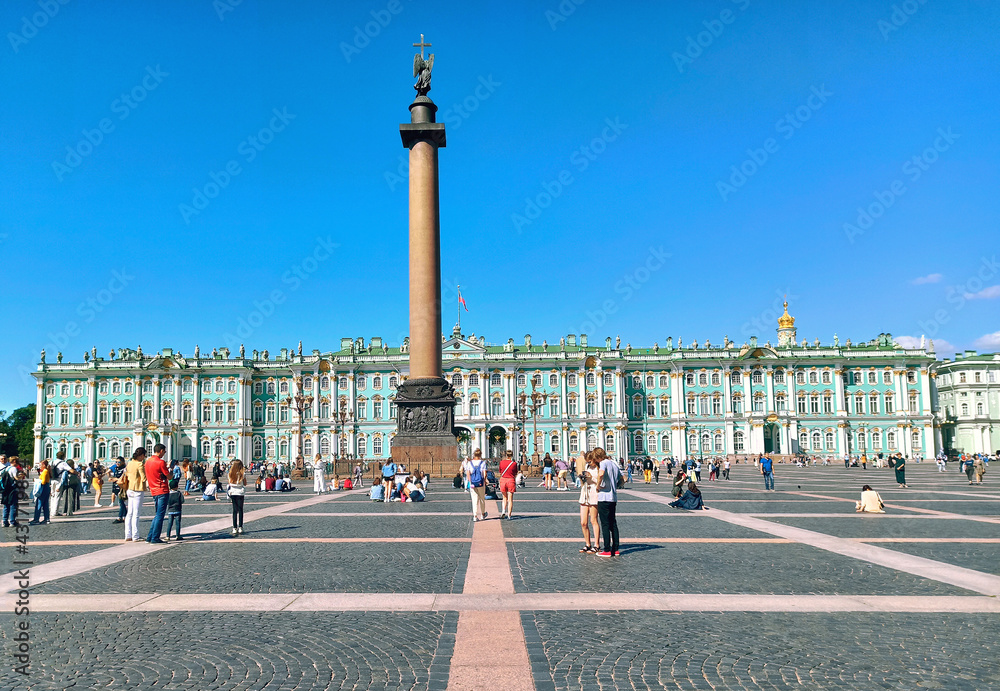 SAINT PETERSBURG, RUSSIA - August 18, 2020: Palace Square, Alexandria Pillar and Winter Palace in St. Petersburg. This historic site is visited by many tourists.