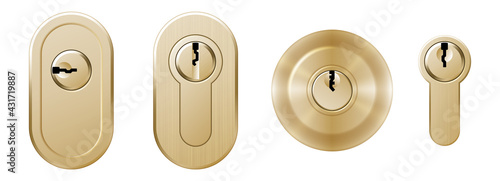 Set of golden keyholes, metal key holes for door locks, padlocks and lockers. Realistic collection