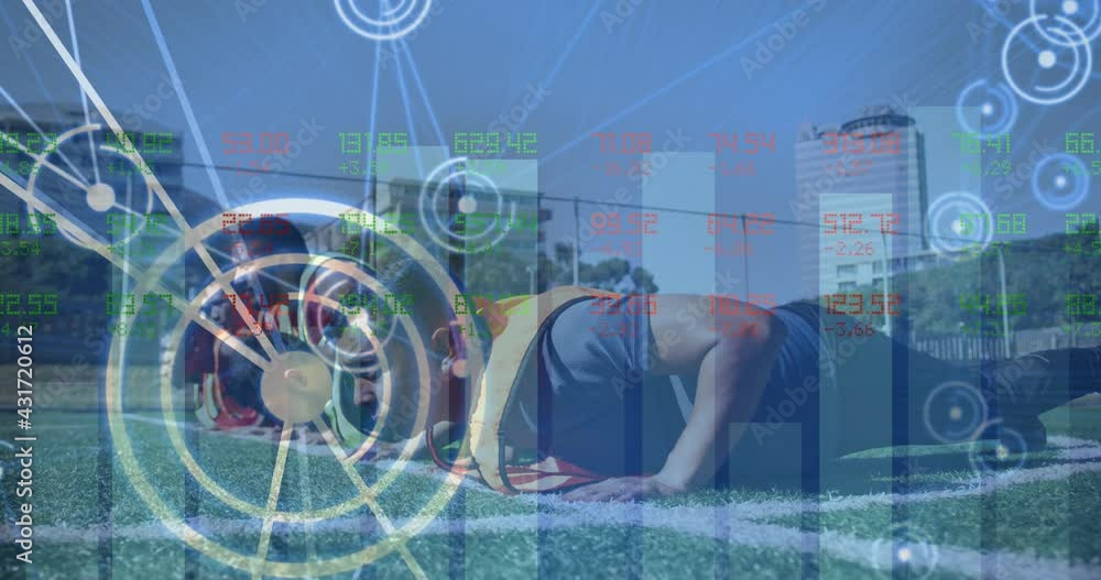 Animation of scope with network of connections over team of male football players doing push ups Animation of scope with network of connections over team of male football players doing push ups