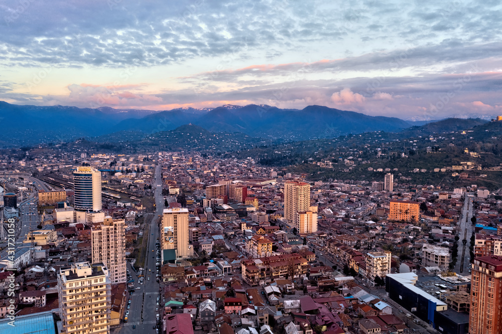 Fototapeta premium Batumi, Georgia - May 3, 2021: Aerial view of the city during sunset