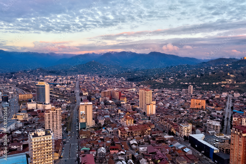 Batumi, Georgia - May 3, 2021: Aerial view of the city during sunset