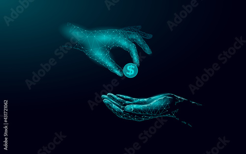 Fundraising giving money hand. Charity volunteer giving donate social project. Finance funding dark low poly vector illustration