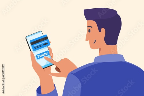 Young Man Using Paylater or Pay Later Feature To Do a Short Term Loan for Purchasing an Item Online in Mobile Phone Apps. Finance and Payment Flat Vector Illustration.