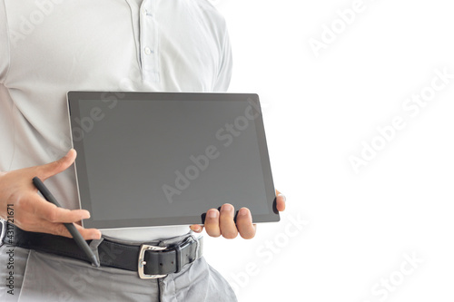 Businessman presenting digital tablet with blank screen in clipping path.