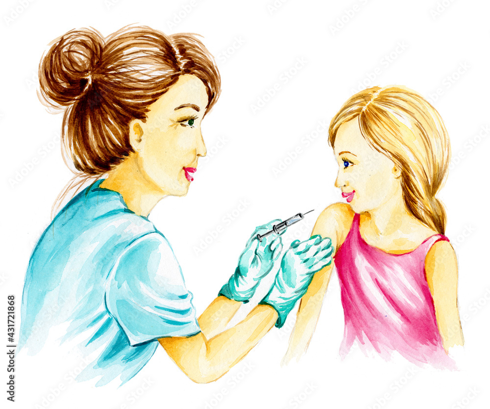 Vaccination concept. Female doctor vaccinating cute girl. Hand painted watercolor illustration. Vaccination concept. Female doctor vaccinating cute girl. Hand painted watercolor illustration.