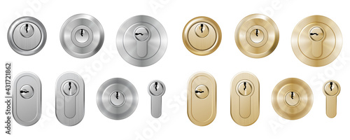 Set of realistic keyholes and keys for padlocks. Metallic lockers isolated with key holes template