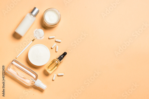Collagen product and cosmetic supplement top view.