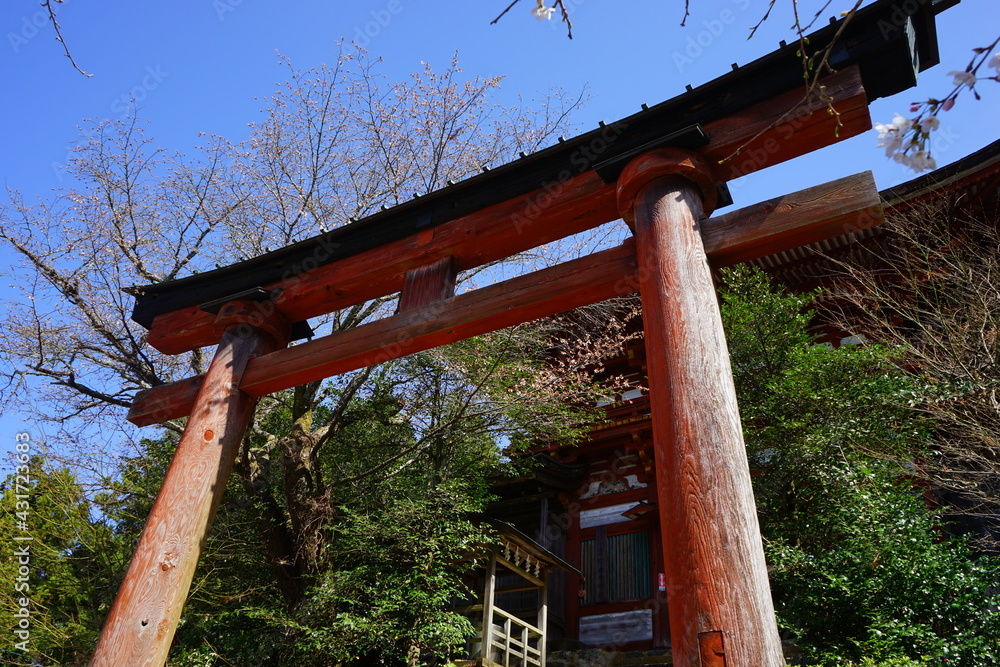 Torii Gate of Mikumari-jinja shrine. Mount Yoshino in Nara Prefecture, Japan's most famous cherry blossom viewing spot - 日本 奈良 水分神社の鳥居 Torii Gate of Mikumari-jinja shrine. Mount Yoshino in Nara Prefecture, Japan's most famous cherry blossom viewing spot - 日本 奈良 水分神社の鳥居