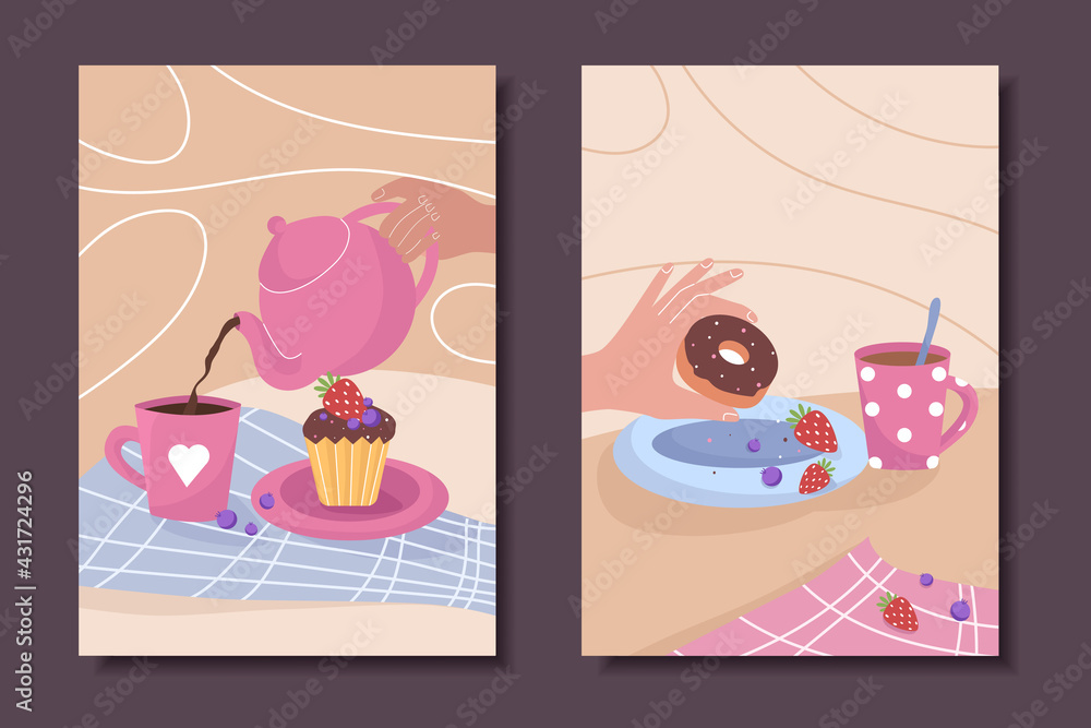 Set of cute posters with pastries and tea. Vector illustration.