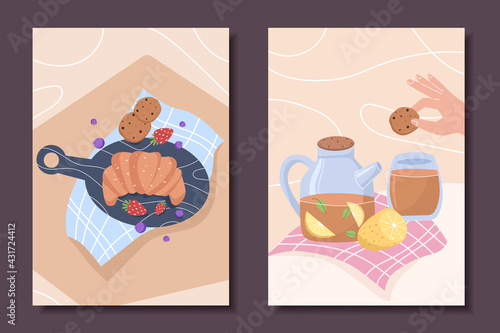 Set of cute posters with still life for the interior. Croissant, tea with lemon .Vector illustration