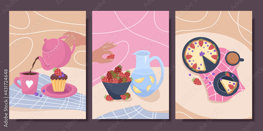 Set of cute posters with still lifes and pastries. Vector illustration.