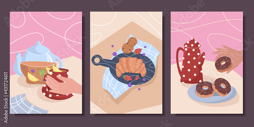 Collection of cute posters with still life. Tea, coffee, pastries, croissant, donuts. Vector illustration.