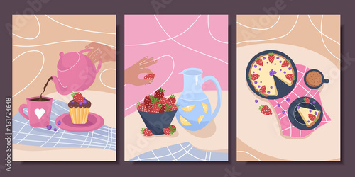 Set of cute posters with still lifes and pastries. Vector illustration.
