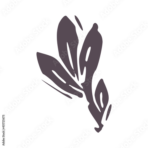Hand carved bold block print leaf icon clip art. Folk illustration design element. Modern boho decorative linocut. Ethnic muted natural tones. Isolated rustic vector motif. 